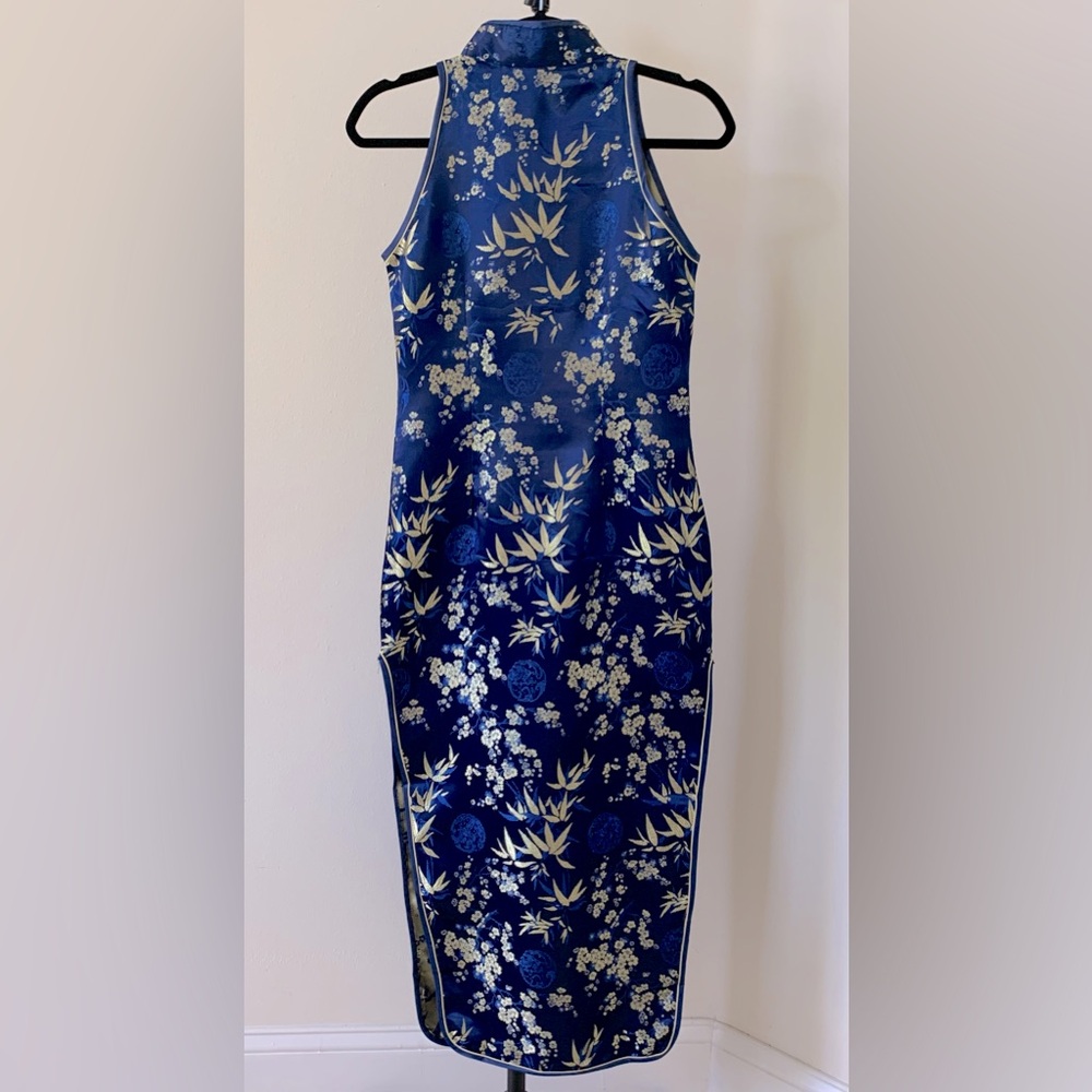 Vintage Qipao Cheongsam Blue & Gold Floral Dress Size M - Picture 6 of 6